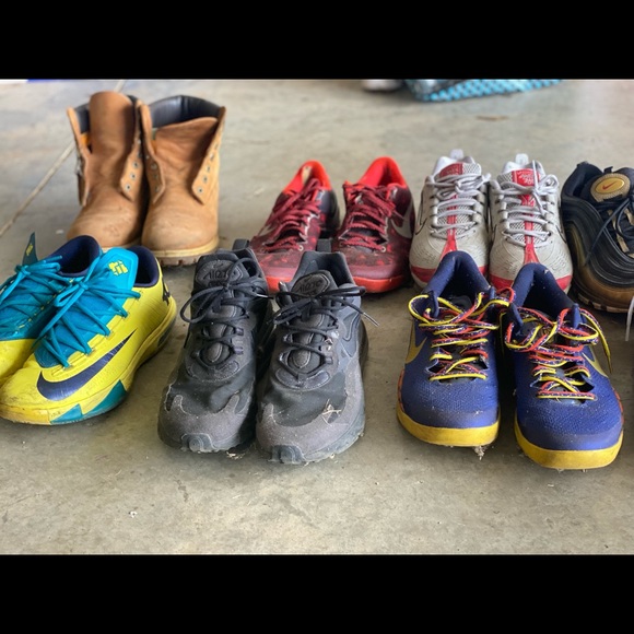 Roughly 16 pair of nikes, Jordan and timberlands for sale.